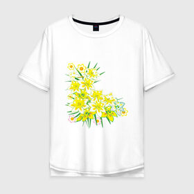 Мужская футболка хлопок Oversize с принтом Желтые нарциссы в Петрозаводске, 100% хлопок | свободный крой, круглый ворот, “спинка” длиннее передней части | букет | весна | восьмерка | женский день | нарцисс | нарциссы | праздник | рисунок | уголок | цветы