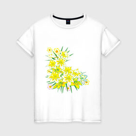 Женская футболка хлопок с принтом Желтые нарциссы в Петрозаводске, 100% хлопок | прямой крой, круглый вырез горловины, длина до линии бедер, слегка спущенное плечо | букет | весна | восьмерка | женский день | нарцисс | нарциссы | праздник | рисунок | уголок | цветы