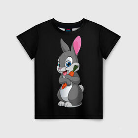 Детская футболка 3D с принтом ЗАЙКА в Петрозаводске, 100% гипоаллергенный полиэфир | прямой крой, круглый вырез горловины, длина до линии бедер, чуть спущенное плечо, ткань немного тянется | Тематика изображения на принте: bunny | cartoon | hare | rabbit | белый | зайчик | заяц | кролик | морковка | мультик | серый