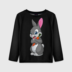 Детский лонгслив 3D с принтом ЗАЙКА в Петрозаводске, 100% полиэстер | длинные рукава, круглый вырез горловины, полуприлегающий силуэт
 | bunny | cartoon | hare | rabbit | белый | зайчик | заяц | кролик | морковка | мультик | серый