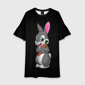 Детское платье 3D с принтом ЗАЙКА в Петрозаводске, 100% полиэстер | прямой силуэт, чуть расширенный к низу. Круглая горловина, на рукавах — воланы | bunny | cartoon | hare | rabbit | белый | зайчик | заяц | кролик | морковка | мультик | серый