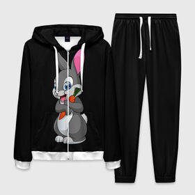 Мужской костюм 3D с принтом ЗАЙКА в Петрозаводске, 100% полиэстер | Манжеты и пояс оформлены тканевой резинкой, двухслойный капюшон со шнурком для регулировки, карманы спереди | Тематика изображения на принте: bunny | cartoon | hare | rabbit | белый | зайчик | заяц | кролик | морковка | мультик | серый