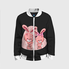 Детский бомбер 3D с принтом ЗАЙЧИКИ в Петрозаводске, 100% полиэстер | застегивается на молнию, по бокам два кармана без застежек, мягкие манжеты, по низу бомбера и на воротнике — эластичная резинка | bunny | cartoon | hare | rabbit | зайка | заяц | кролик | мультик | розовый | цветы
