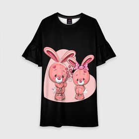 Детское платье 3D с принтом ЗАЙЧИКИ в Петрозаводске, 100% полиэстер | прямой силуэт, чуть расширенный к низу. Круглая горловина, на рукавах — воланы | Тематика изображения на принте: bunny | cartoon | hare | rabbit | зайка | заяц | кролик | мультик | розовый | цветы