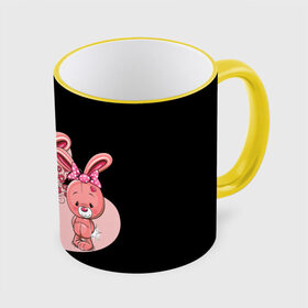 Кружка с принтом ЗАЙЧИКИ в Петрозаводске, керамика | ёмкость 330 мл | bunny | cartoon | hare | rabbit | зайка | заяц | кролик | мультик | розовый | цветы