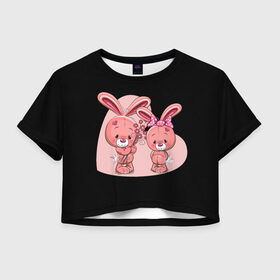 Женская футболка Crop-top 3D с принтом ЗАЙЧИКИ в Петрозаводске, 100% полиэстер | круглая горловина, длина футболки до линии талии, рукава с отворотами | bunny | cartoon | hare | rabbit | зайка | заяц | кролик | мультик | розовый | цветы