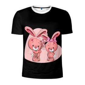 Мужская футболка 3D спортивная с принтом ЗАЙЧИКИ в Петрозаводске, 100% полиэстер с улучшенными характеристиками | приталенный силуэт, круглая горловина, широкие плечи, сужается к линии бедра | bunny | cartoon | hare | rabbit | зайка | заяц | кролик | мультик | розовый | цветы
