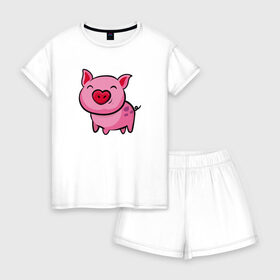 Женская пижама с шортиками хлопок с принтом ПОРОСЁНОК в Петрозаводске, 100% хлопок | футболка прямого кроя, шорты свободные с широкой мягкой резинкой | Тематика изображения на принте: boar | cute | pig | piglet | pink | smile | кабан | милый | поросенок | пятачок | розовый | свинья | улыбка