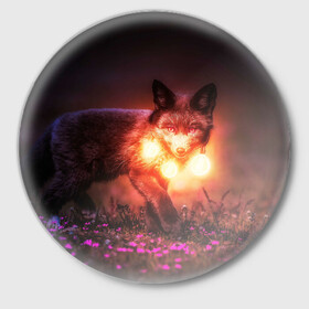 Значок с принтом Лисица с фонариками в Петрозаводске,  металл | круглая форма, металлическая застежка в виде булавки | fox | foxy | животное | звери | лиса | лисенок | лисичка | милая | рыжая | фокс