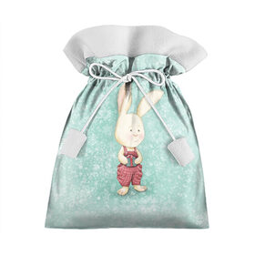 Подарочный 3D мешок с принтом Зайчик с подарком в Петрозаводске, 100% полиэстер | Размер: 29*39 см | Тематика изображения на принте: зайчик | зима | красный | малыш | новый год | подарок | ребенок | снежинка