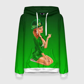 Женская толстовка 3D с принтом девушка лепрекон в зеленом в Петрозаводске, 100% полиэстер  | двухслойный капюшон со шнурком для регулировки, мягкие манжеты на рукавах и по низу толстовки, спереди карман-кенгуру с мягким внутренним слоем. | 17 марта | девушка | день святого патрика | зеленый | зеленый костюм | ирландия | клевер | кружка | лепрекон | модель | монеты | рисунок | традиции | эль