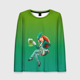 Женский лонгслив 3D с принтом девушка вечеринка на Патрика в Петрозаводске, 100% полиэстер | длинные рукава, круглый вырез горловины, полуприлегающий силуэт | 17 марта | вечеринка | девушка | день святого патрика | зеленый | зеленый костюм | ирландия | клевер | костюм | кружка | лепрекон | модель | монеты | рисунок | традиции | эль