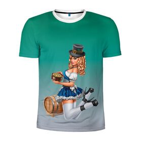 Мужская футболка 3D спортивная с принтом официантка горшок золота в Петрозаводске, 100% полиэстер с улучшенными характеристиками | приталенный силуэт, круглая горловина, широкие плечи, сужается к линии бедра | Тематика изображения на принте: 17 марта | бочка | вечеринка | горшок | девушка | день святого патрика | зеленый | зеленый костюм | ирландия | клевер | костюм | кружка | лепрекон | модель | монеты | официантка | рисунок | традиции | эль