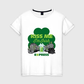 Женская футболка хлопок с принтом поцелуй меня я ирландец в Петрозаводске, 100% хлопок | прямой крой, круглый вырез горловины, длина до линии бедер, слегка спущенное плечо | 17 марта | быстро | день святого патрика | зеленый | ирландия | клевер | кружка | поезд | поцелуй | традиции | шутка | экспресс | эль | я ирландец