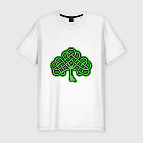 Мужская футболка хлопок Slim с принтом кельтский клевер в Петрозаводске, 92% хлопок, 8% лайкра | приталенный силуэт, круглый вырез ворота, длина до линии бедра, короткий рукав | 17 марта | день святого патрика | дерево | зеленый | ирландия | кельтский узор | клевер | рисунок | традиции | трехлистник