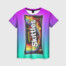 Женская футболка 3D с принтом Skittles | Черный в Петрозаводске, 100% полиэфир ( синтетическое хлопкоподобное полотно) | прямой крой, круглый вырез горловины, длина до линии бедер | black | skittles | sweet heat | градиент | зеленый | радуга | розовый | синий | скитлс | черный