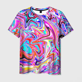 Мужская футболка 3D с принтом ЖИДКИЕ КРАСКИ в Петрозаводске, 100% полиэфир | прямой крой, круглый вырез горловины, длина до линии бедер | colorfull | multicolor | абстрактный | абстракция | акварель | гуашь | жидкий | летняя | мода2021 | подтеки | психоделический | разводы краски | разноцветная | стиль | трендовый | яркий принт