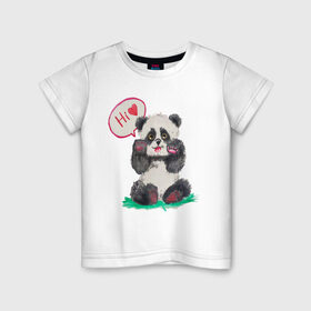 Детская футболка хлопок с принтом Акварельная милая панда в Петрозаводске, 100% хлопок | круглый вырез горловины, полуприлегающий силуэт, длина до линии бедер | Тематика изображения на принте: hi | акварель | любовь | мило | няшно | панда | привет