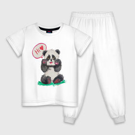Детская пижама хлопок с принтом Акварельная милая панда в Петрозаводске, 100% хлопок |  брюки и футболка прямого кроя, без карманов, на брюках мягкая резинка на поясе и по низу штанин
 | Тематика изображения на принте: hi | акварель | любовь | мило | няшно | панда | привет