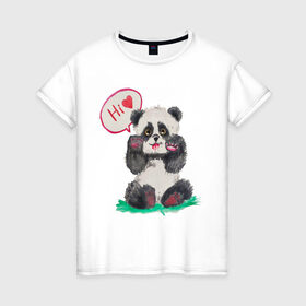 Женская футболка хлопок с принтом Акварельная милая панда в Петрозаводске, 100% хлопок | прямой крой, круглый вырез горловины, длина до линии бедер, слегка спущенное плечо | hi | акварель | любовь | мило | няшно | панда | привет