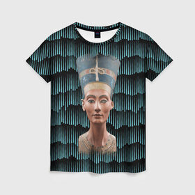 Женская футболка 3D с принтом Нефертити в Петрозаводске, 100% полиэфир ( синтетическое хлопкоподобное полотно) | прямой крой, круглый вырез горловины, длина до линии бедер | африка | божества | волны | геометрия | египет | маска | нефертити | фараон | царица