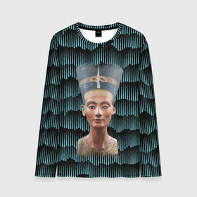 Мужской лонгслив 3D с принтом Нефертити в Петрозаводске, 100% полиэстер | длинные рукава, круглый вырез горловины, полуприлегающий силуэт | африка | божества | волны | геометрия | египет | маска | нефертити | фараон | царица