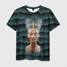 Мужская футболка 3D с принтом Нефертити в Петрозаводске, 100% полиэфир | прямой крой, круглый вырез горловины, длина до линии бедер | африка | божества | волны | геометрия | египет | маска | нефертити | фараон | царица