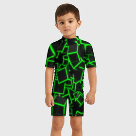 Детский купальный костюм 3D с принтом Cyber cube в Петрозаводске, Полиэстер 85%, Спандекс 15% | застежка на молнии на спине | 3д кубики | cyber cube | кибер куб | куб | неоновые кубики