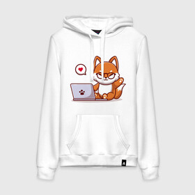 Женская толстовка хлопок с принтом Cute fox and laptop в Петрозаводске, френч-терри, мягкий теплый начес внутри (100% хлопок) | карман-кенгуру, эластичные манжеты и нижняя кромка, капюшон с подкладом и шнурком | fox | laptop | love | кицуне | кицунэ | комп | компьютер | лапа | лапка | лиса | лисенок | лисичка | лэптоп | любовь | ноут | ноутбук | отпечаток | очки | привет | рука | ручка | сердечко | сердце