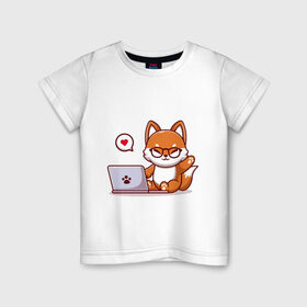 Детская футболка хлопок с принтом Cute fox and laptop в Петрозаводске, 100% хлопок | круглый вырез горловины, полуприлегающий силуэт, длина до линии бедер | Тематика изображения на принте: fox | laptop | love | кицуне | кицунэ | комп | компьютер | лапа | лапка | лиса | лисенок | лисичка | лэптоп | любовь | ноут | ноутбук | отпечаток | очки | привет | рука | ручка | сердечко | сердце