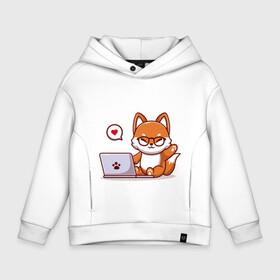 Детское худи Oversize хлопок с принтом Cute fox and laptop в Петрозаводске, френч-терри — 70% хлопок, 30% полиэстер. Мягкий теплый начес внутри —100% хлопок | боковые карманы, эластичные манжеты и нижняя кромка, капюшон на магнитной кнопке | fox | laptop | love | кицуне | кицунэ | комп | компьютер | лапа | лапка | лиса | лисенок | лисичка | лэптоп | любовь | ноут | ноутбук | отпечаток | очки | привет | рука | ручка | сердечко | сердце