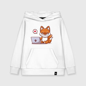 Детская толстовка хлопок с принтом Cute fox and laptop в Петрозаводске, 100% хлопок | Круглый горловой вырез, эластичные манжеты, пояс, капюшен | fox | laptop | love | кицуне | кицунэ | комп | компьютер | лапа | лапка | лиса | лисенок | лисичка | лэптоп | любовь | ноут | ноутбук | отпечаток | очки | привет | рука | ручка | сердечко | сердце