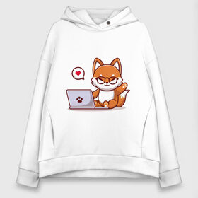 Женское худи Oversize хлопок с принтом Cute fox and laptop в Петрозаводске, френч-терри — 70% хлопок, 30% полиэстер. Мягкий теплый начес внутри —100% хлопок | боковые карманы, эластичные манжеты и нижняя кромка, капюшон на магнитной кнопке | fox | laptop | love | кицуне | кицунэ | комп | компьютер | лапа | лапка | лиса | лисенок | лисичка | лэптоп | любовь | ноут | ноутбук | отпечаток | очки | привет | рука | ручка | сердечко | сердце