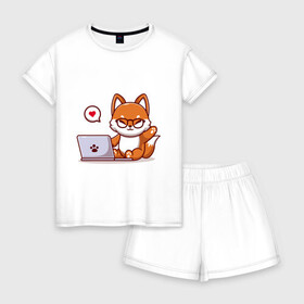 Женская пижама с шортиками хлопок с принтом Cute fox and laptop в Петрозаводске, 100% хлопок | футболка прямого кроя, шорты свободные с широкой мягкой резинкой | fox | laptop | love | кицуне | кицунэ | комп | компьютер | лапа | лапка | лиса | лисенок | лисичка | лэптоп | любовь | ноут | ноутбук | отпечаток | очки | привет | рука | ручка | сердечко | сердце