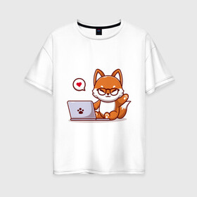 Женская футболка хлопок Oversize с принтом Cute fox and laptop в Петрозаводске, 100% хлопок | свободный крой, круглый ворот, спущенный рукав, длина до линии бедер
 | fox | laptop | love | кицуне | кицунэ | комп | компьютер | лапа | лапка | лиса | лисенок | лисичка | лэптоп | любовь | ноут | ноутбук | отпечаток | очки | привет | рука | ручка | сердечко | сердце