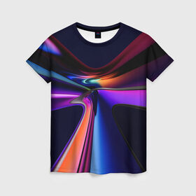 Женская футболка 3D с принтом Красочные светящиеся линии в Петрозаводске, 100% полиэфир ( синтетическое хлопкоподобное полотно) | прямой крой, круглый вырез горловины, длина до линии бедер | абстракция | линии | неон. светящиеся полосы | форма