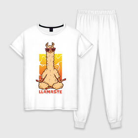 Женская пижама хлопок с принтом Llamaste в Петрозаводске, 100% хлопок | брюки и футболка прямого кроя, без карманов, на брюках мягкая резинка на поясе и по низу штанин | art | lama | meditation | namaste | yoga | арт | йога | лама | медитация | намасте