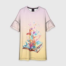 Детское платье 3D с принтом бабочки из книги в Петрозаводске, 100% полиэстер | прямой силуэт, чуть расширенный к низу. Круглая горловина, на рукавах — воланы | бабочки | волшебство | воображение | градиент | книга | рисунок | учение | фантастика | фэнтези