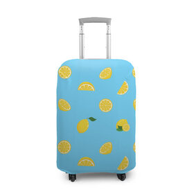 Чехол для чемодана 3D с принтом Лимоны на голубом в Петрозаводске, 86% полиэфир, 14% спандекс | двустороннее нанесение принта, прорези для ручек и колес | citrus | lemon | pattern | seamless | summer | tropical | желтый | лето | лимон | природа | тропики | узор | фрукты | цитрус | экзотика