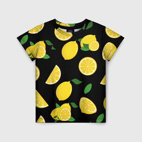 Детская футболка 3D с принтом Лимоны на чёрном в Петрозаводске, 100% гипоаллергенный полиэфир | прямой крой, круглый вырез горловины, длина до линии бедер, чуть спущенное плечо, ткань немного тянется | citrus natural fruit | fresh | illustration | organic | pattern | texture | лето | лимон | свежесть | тропики | узор | фон | фрукты | цитрус | экзотика