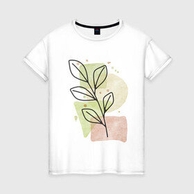 Женская футболка хлопок с принтом Листья на акварели в Петрозаводске, 100% хлопок | прямой крой, круглый вырез горловины, длина до линии бедер, слегка спущенное плечо | абстракция | акварель | ветка | зелёный | листва | листья | природа | простой
