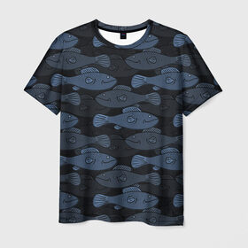 Мужская футболка 3D с принтом Синие рыбы на темном фоне в Петрозаводске, 100% полиэфир | прямой крой, круглый вырез горловины, длина до линии бедер | Тематика изображения на принте: морской паттерн | подводный мир | рыбы | синие рыбы