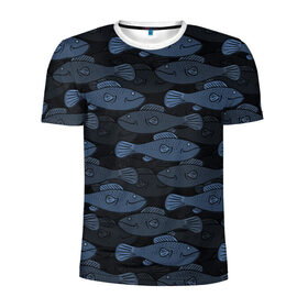 Мужская футболка 3D спортивная с принтом Синие рыбы на темном фоне в Петрозаводске, 100% полиэстер с улучшенными характеристиками | приталенный силуэт, круглая горловина, широкие плечи, сужается к линии бедра | Тематика изображения на принте: морской паттерн | подводный мир | рыбы | синие рыбы