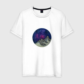 Мужская футболка хлопок с принтом Космические горы в Петрозаводске, 100% хлопок | прямой крой, круглый вырез горловины, длина до линии бедер, слегка спущенное плечо. | горы | горы и небо | космос | млечный путь | небо