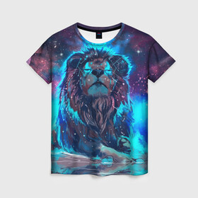 Женская футболка 3D с принтом Galaxy Lion в Петрозаводске, 100% полиэфир ( синтетическое хлопкоподобное полотно) | прямой крой, круглый вырез горловины, длина до линии бедер | light | lion | night | space | вода | космос | лев | ночь | свет