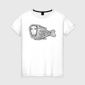 Женская футболка хлопок с принтом Пернатая рыба в Петрозаводске, 100% хлопок | прямой крой, круглый вырез горловины, длина до линии бедер, слегка спущенное плечо | графика | девушка | пернатая рыба | рыба | черно белая