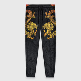 Женские брюки 3D с принтом GOLD CHINA DRAGONS в Петрозаводске, полиэстер 100% | прямой крой, два кармана без застежек по бокам, с мягкой трикотажной резинкой на поясе и по низу штанин. В поясе для дополнительного комфорта — широкие завязки | Тематика изображения на принте: chine dragon | gold dragon | yellow dragon | без крыльев | желтый дракон | золотые драконы | китайский дракон