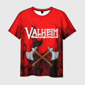 Мужская футболка 3D с принтом VALHEIM в Петрозаводске, 100% полиэфир | прямой крой, круглый вырез горловины, длина до линии бедер | coffee stain | valheim | vikings | вальхайм | вальхеим | вальхейм. | викинги | выживание | гарпун бездны | мечи