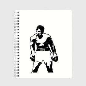 Тетрадь с принтом The Greatest (Muhammad Ali) в Петрозаводске, 100% бумага | 48 листов, плотность листов — 60 г/м2, плотность картонной обложки — 250 г/м2. Листы скреплены сбоку удобной пружинной спиралью. Уголки страниц и обложки скругленные. Цвет линий — светло-серый
 | ali | clay | mohammed | али | боец | боксер | величайший | возможность | искусства | касиус | клей | личность | мозайка | мотивация | мохаммед | мухамед | перчатки | сила | слова | спорт | темный | узор