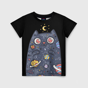 Детская футболка 3D с принтом КОСМИЧЕСКИЙ КОТ в Петрозаводске, 100% гипоаллергенный полиэфир | прямой крой, круглый вырез горловины, длина до линии бедер, чуть спущенное плечо, ткань немного тянется | артемис | астероиды | вселенная | галактика | диана | звезды | кометы | космос | кот | котенок | котик | луна | месяц | ночь | планеты | сейлор мун | туманность | черная кошка